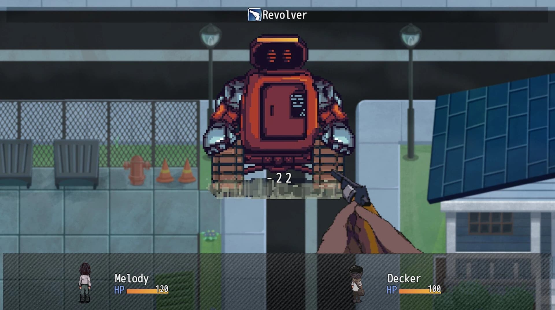 A turn-based battle on a town street: Melody and Decker face a red robot.