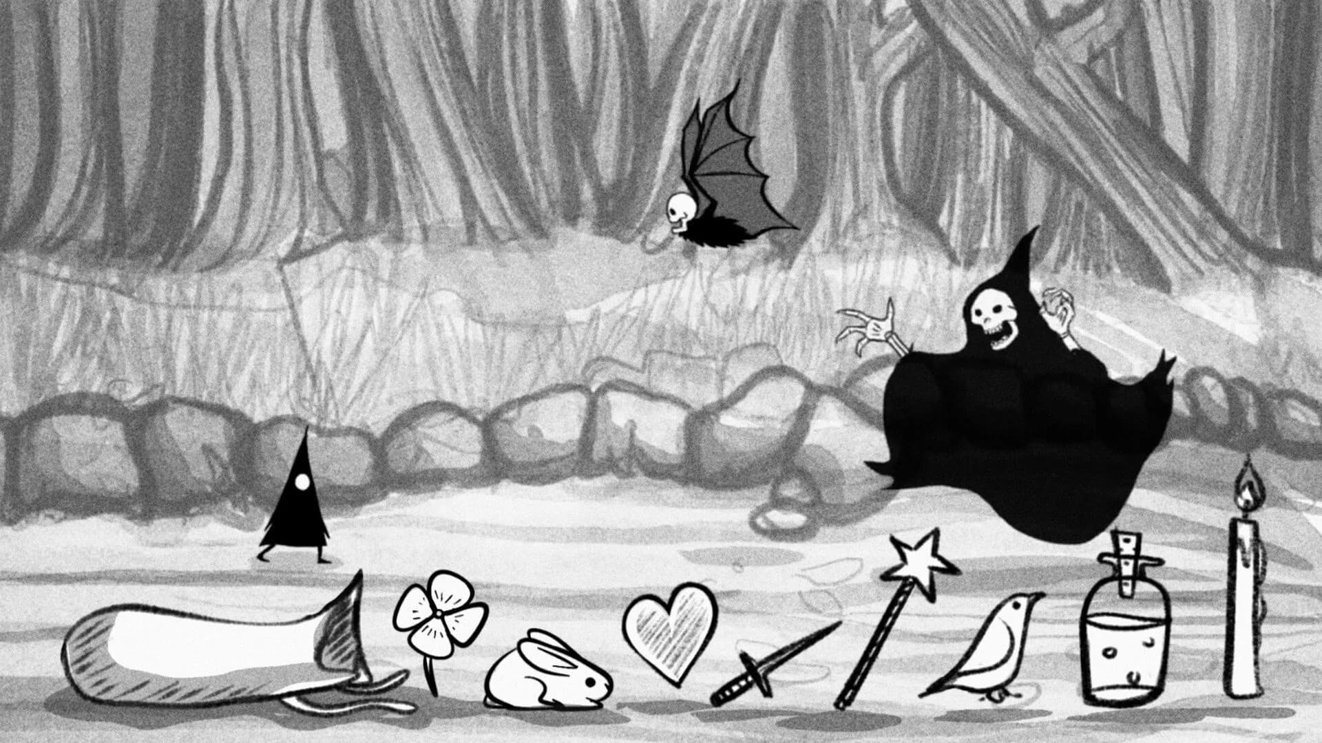 The witch faces a dark cloaked creature, with a row of charms (a clover, a heart, a sword, a wand) along the bottom.