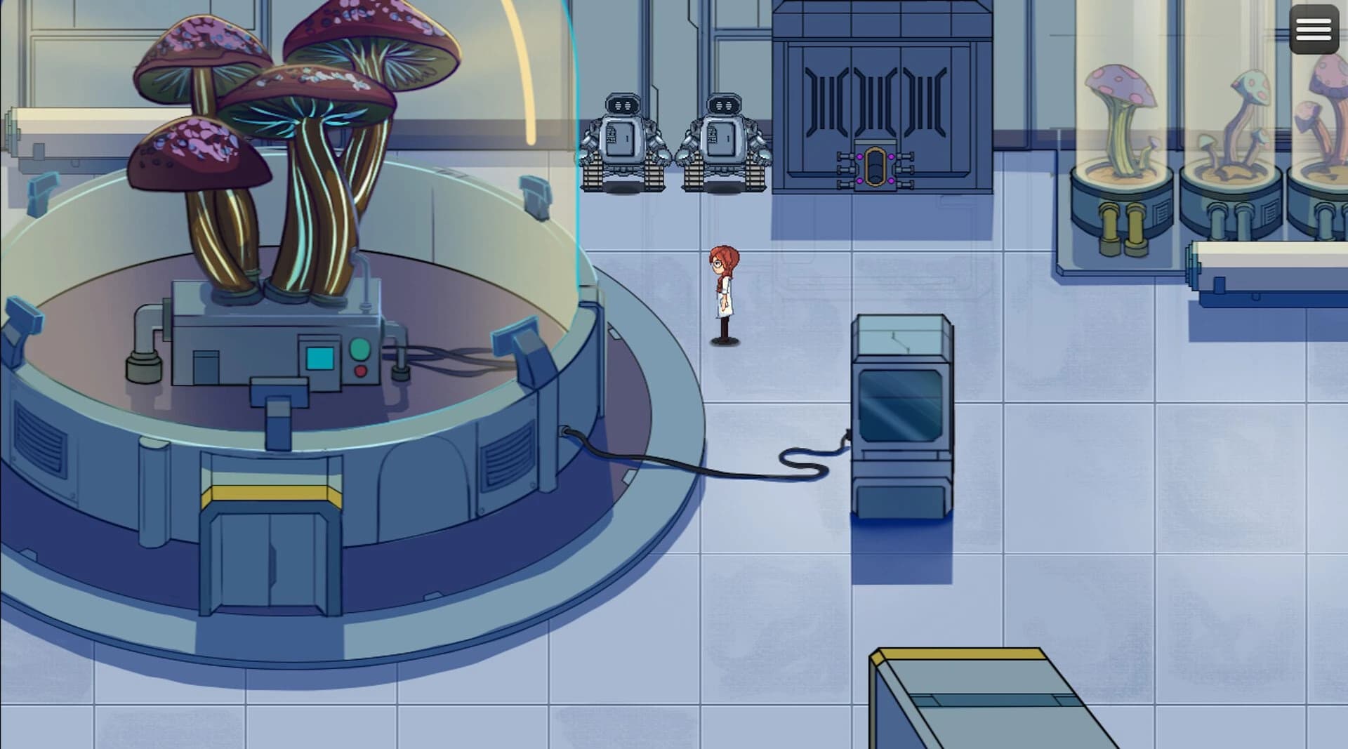 Harmony's laboratory, with glowing mushrooms growing beside computer terminals.