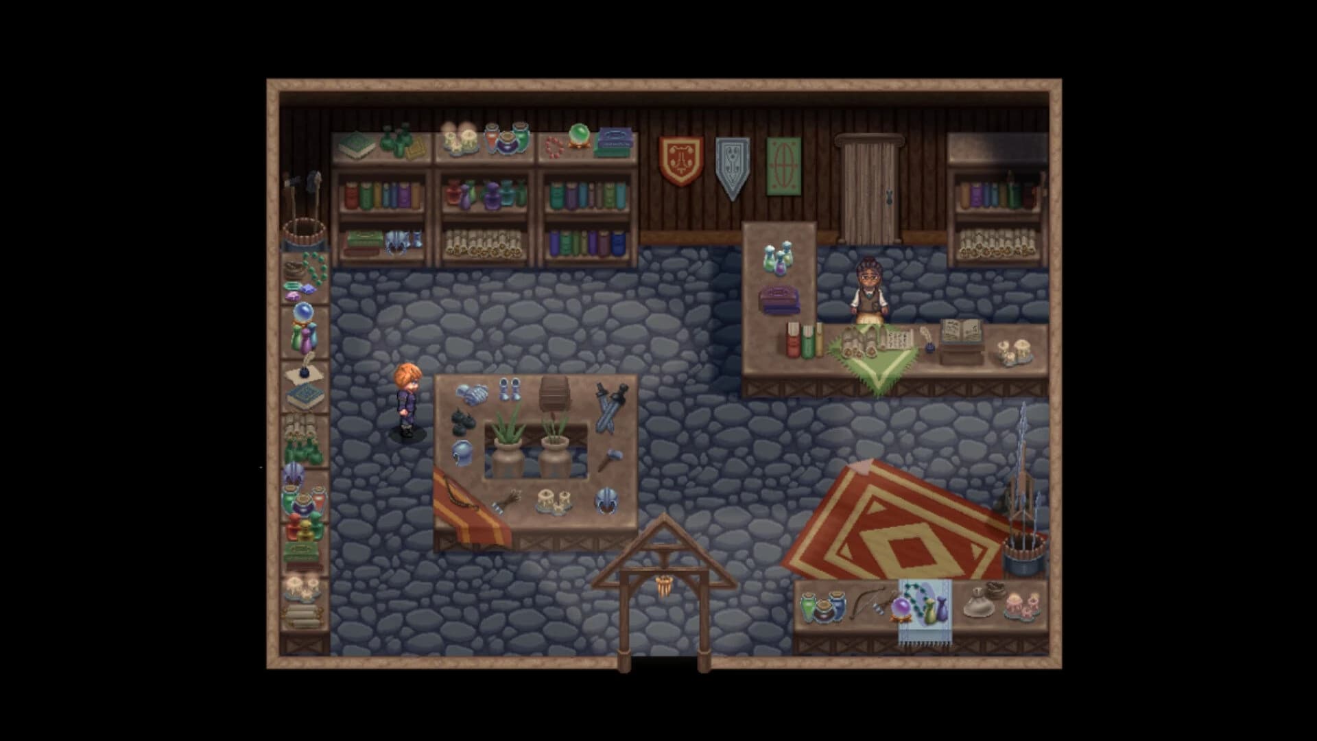 A stone-floored room lined with bookshelves.