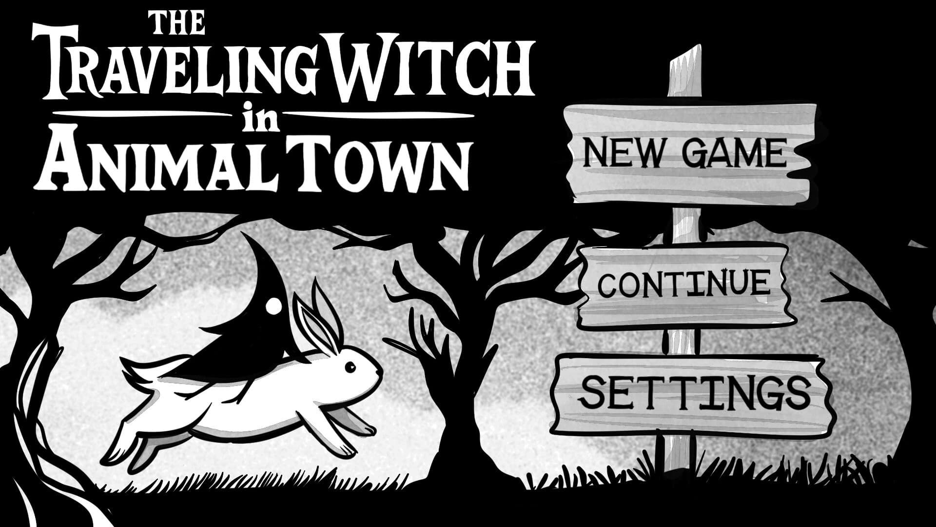 Title screen of The Traveling Witch in Animal Town: a witch rides a white rabbit through a black-and-white forest beside wooden signposts.