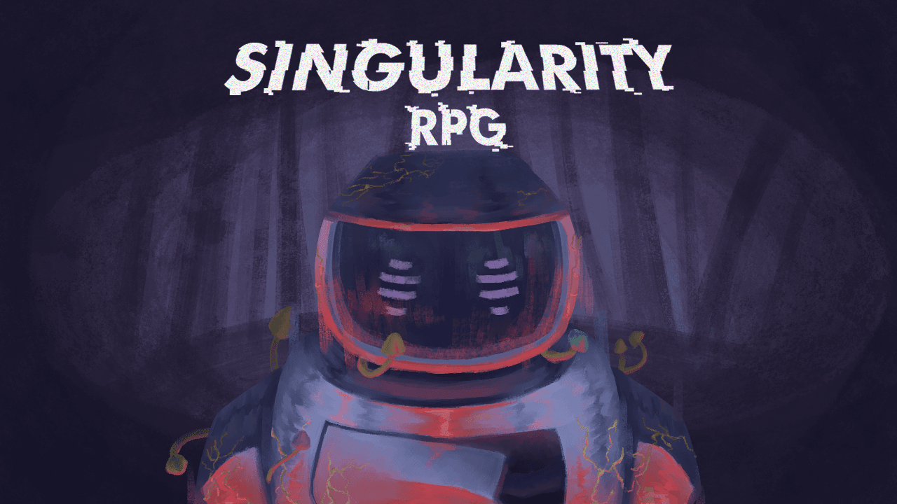 Singularity RPG key art: Harmony and Melody hold hands on a giant purple mushroom as a huge robot looms in the mist behind them.
